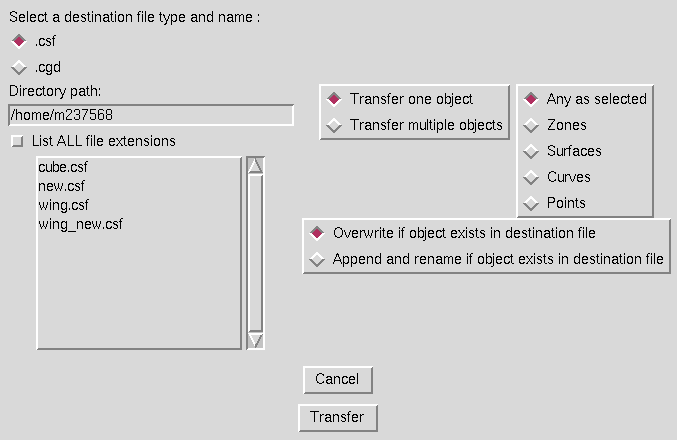 Transfer Objects window, for .csf destination file