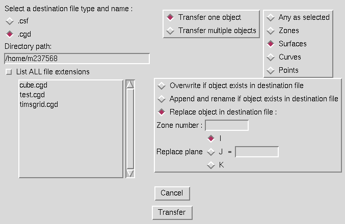 Transfer Objects window, for .cgd destination file, with 'replace' option