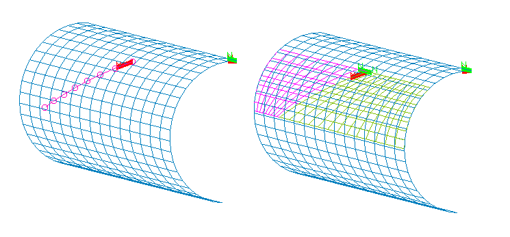 Example of two surfaces created by 2D TFI on a surface, broken at a curve in the N-direction